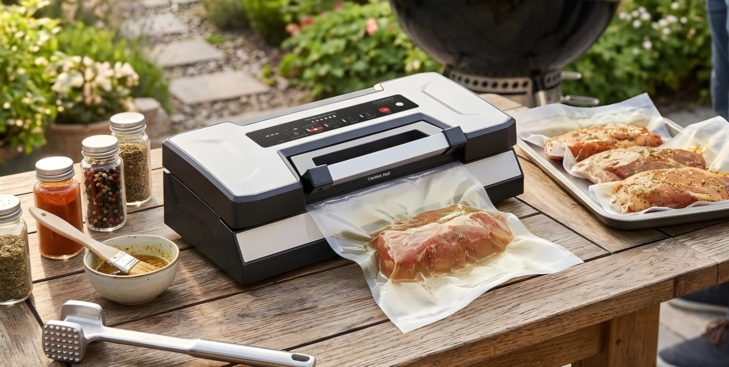 Ein Vakuumierer versiegelt Fleisch, bereit für den Grill im Garten.