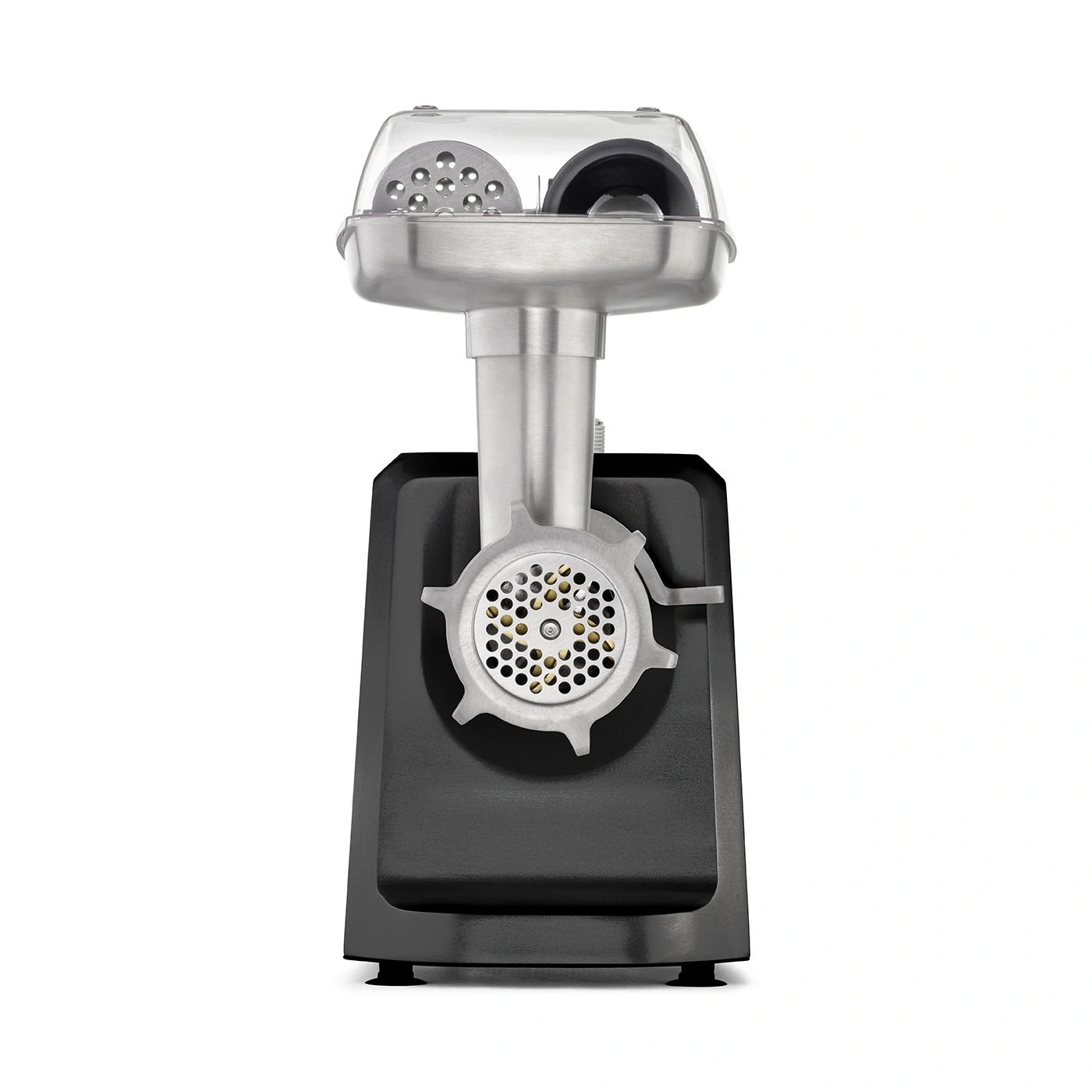 Meat grinder, stainless steel, transparent lid, black base, kitchen appliance, close-up