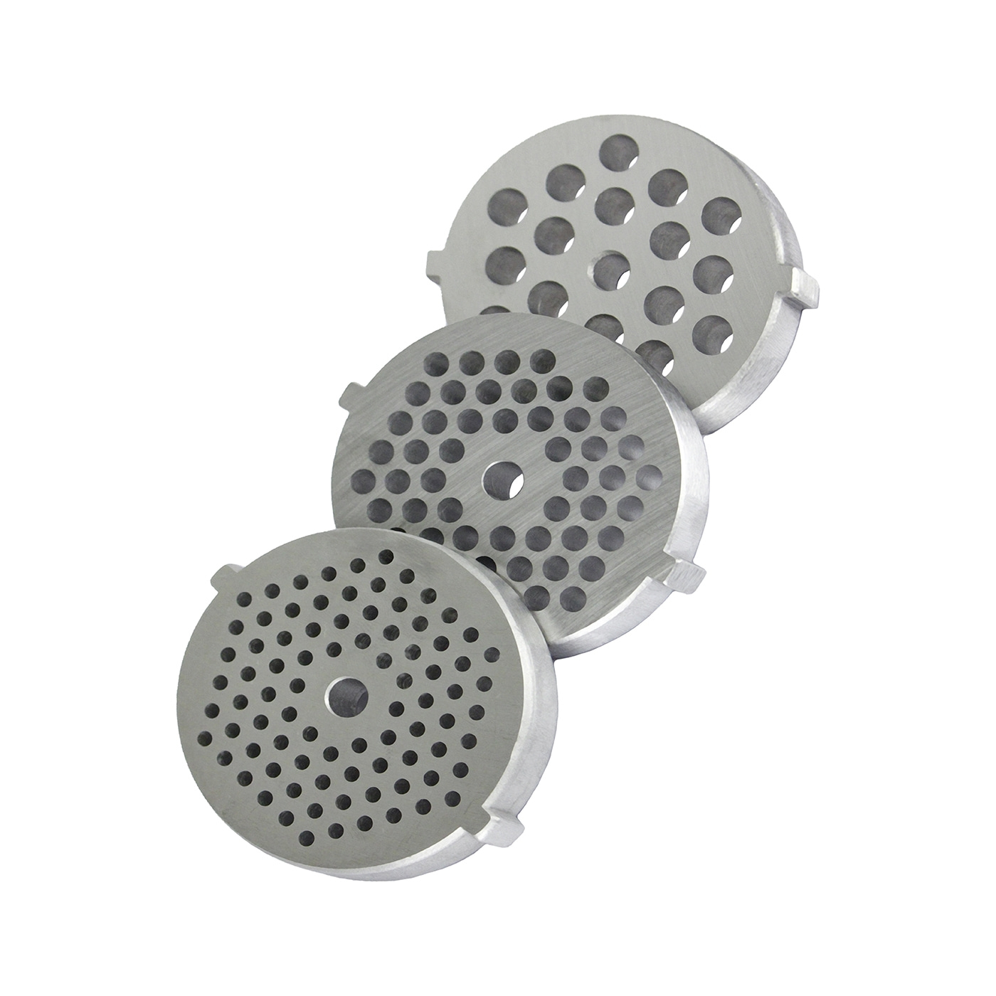 Nahaufnahme von drei Metallplatten mit Löchern, die übereinander liegen.