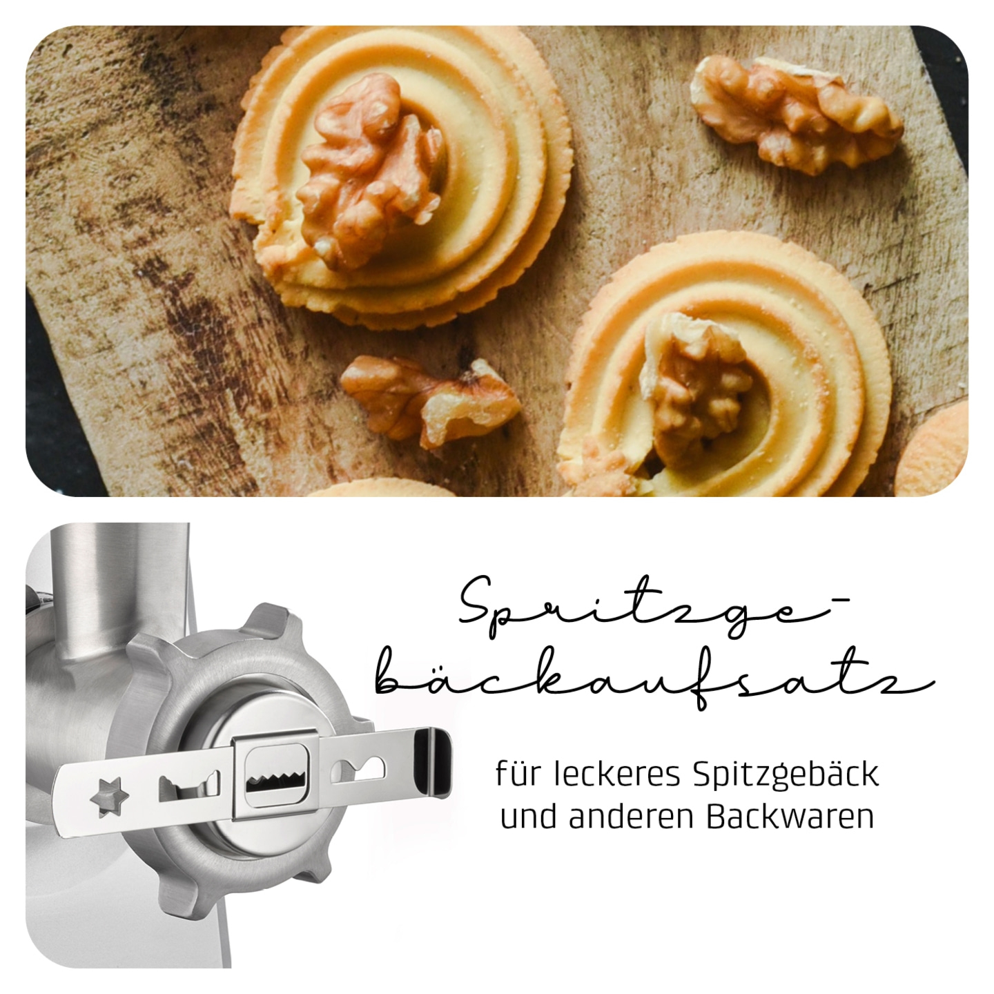 Kekse mit Walnüssen auf Holzbrett und Spritzgebäck-Backaufsatz