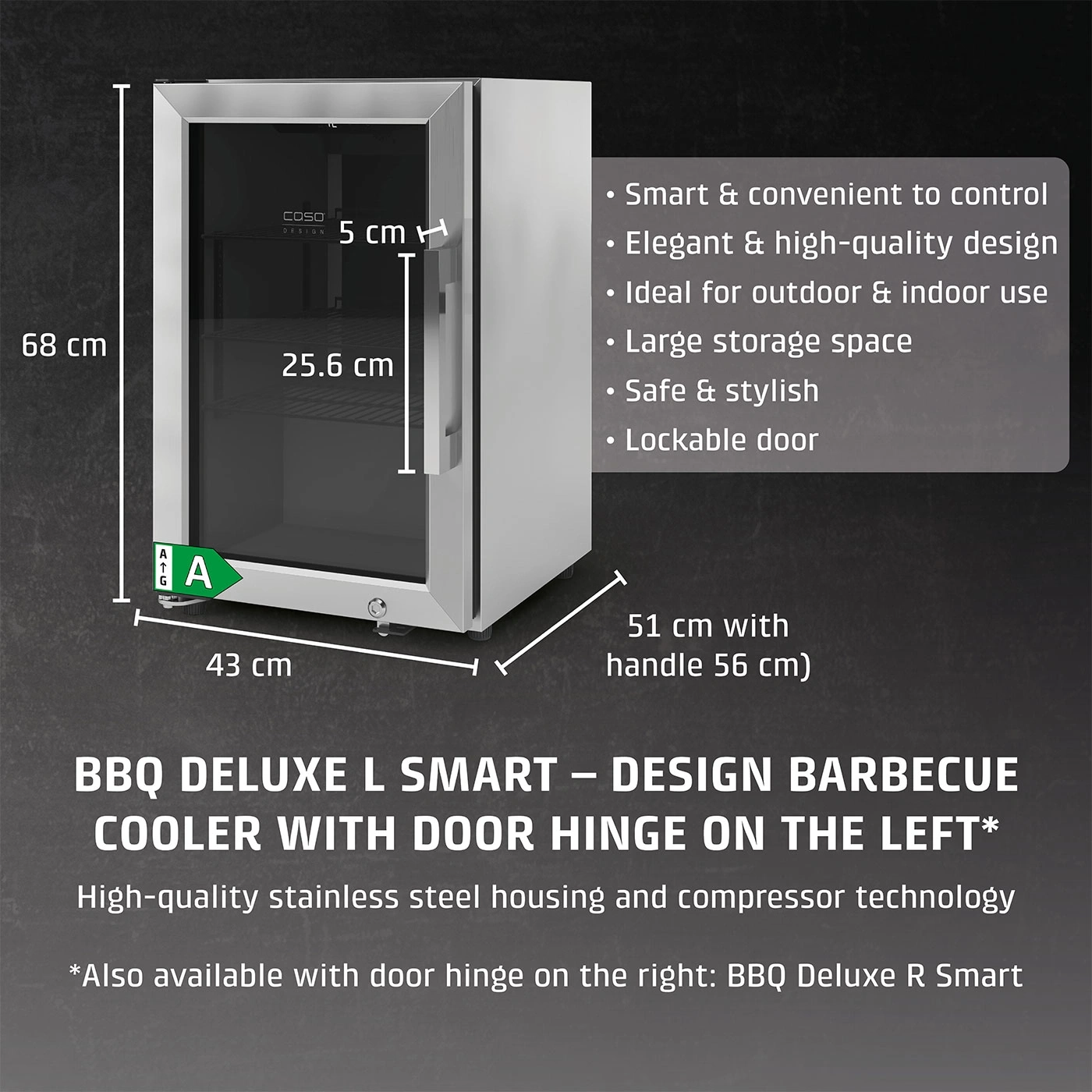 BBQ cooler with stainless steel housing, ideal for outdoor and indoor, lockable door.
