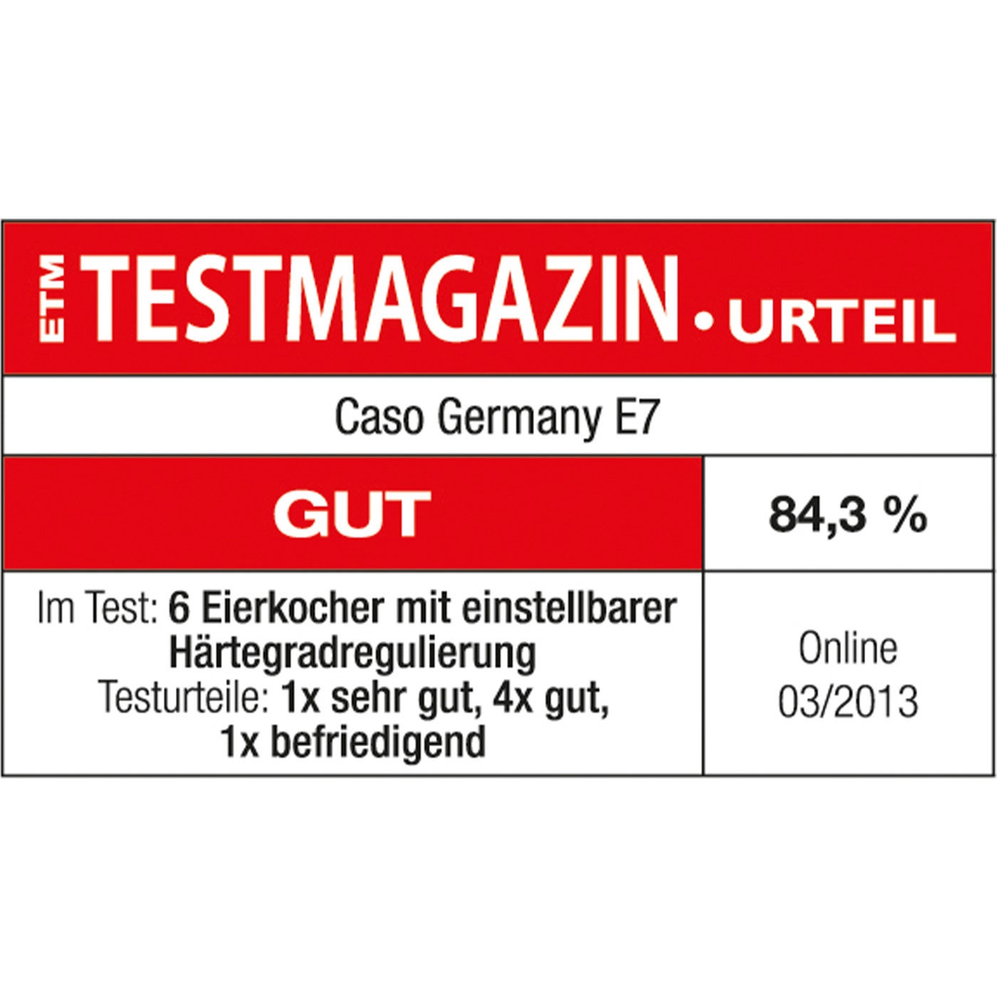 Test magazine verdict: Caso Germany E7, rating GOOD, 84.3%, test report 03/2013