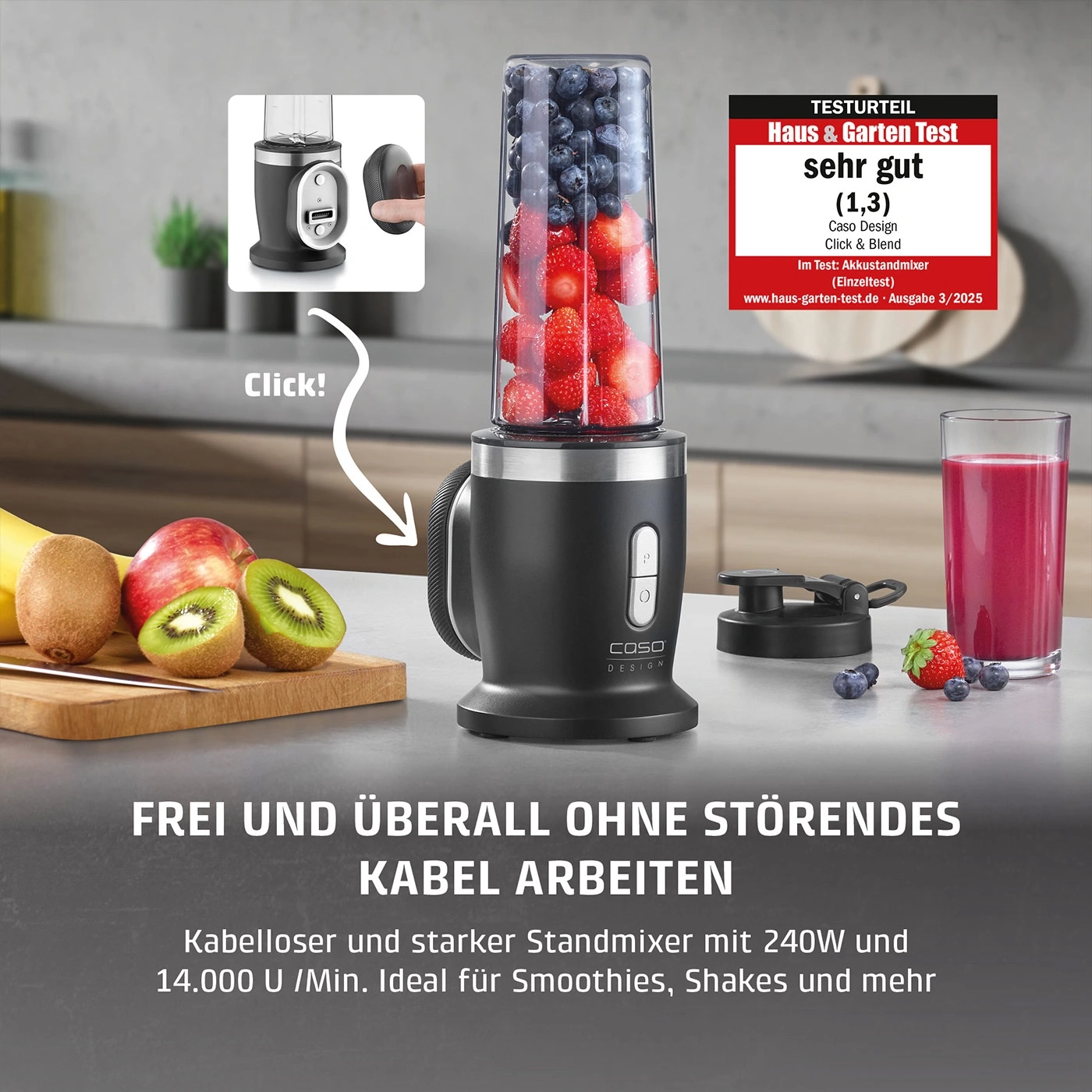Ein kabelloser Mixer mit Früchten und einem Glas Saft.