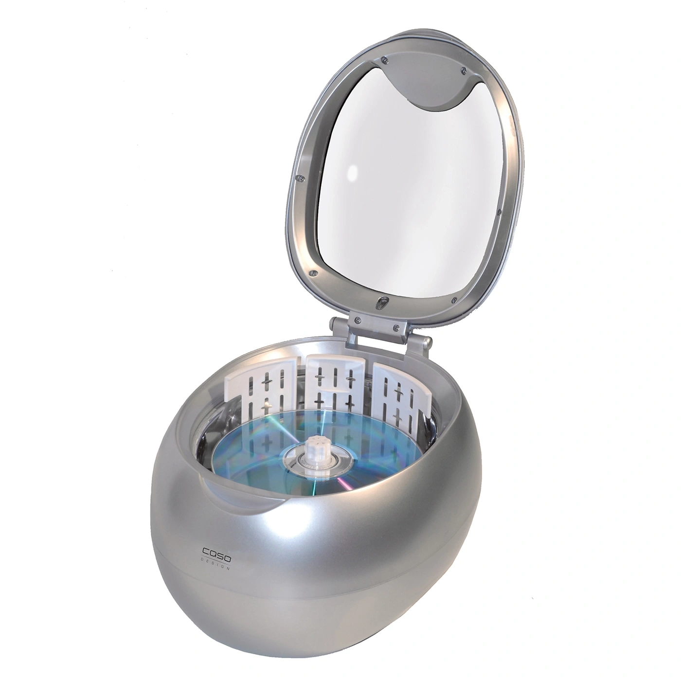 Silver CD cleaning machine with open lid and CD inside. Caso Design.