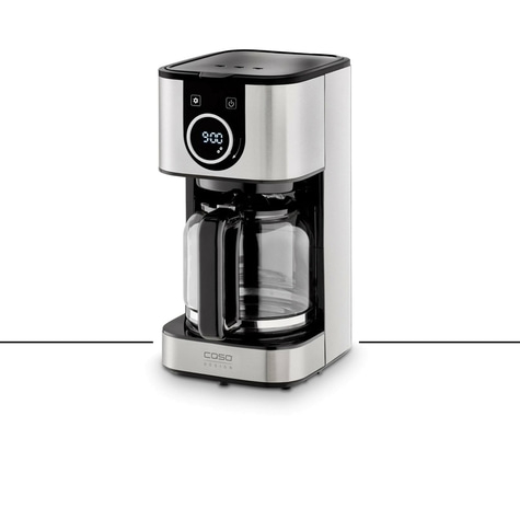 Kaffeemaschine mit digitaler Anzeige und Glaskanne, Edelstahl-Design, Caso Design.