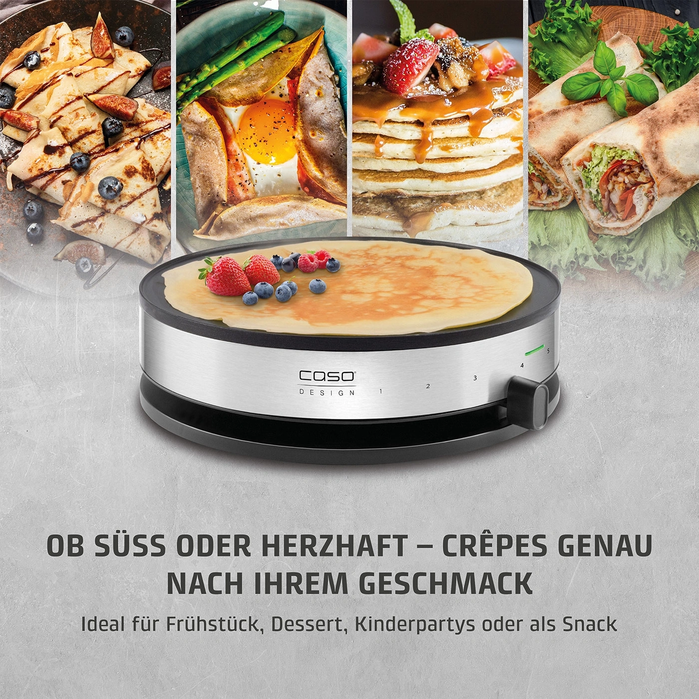 Crêpes-Maschine mit süßen und herzhaften Crêpes-Bildern.
