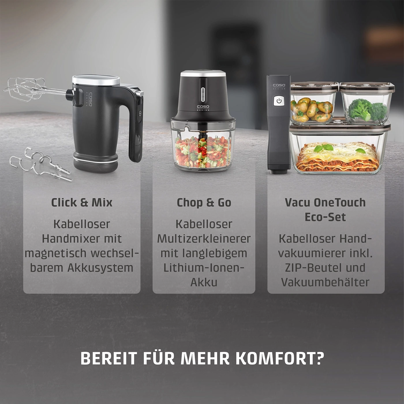 Drei kabellose Küchengeräte von CASO: Handmixer, Multizerkleinerer und Vakuumierer.