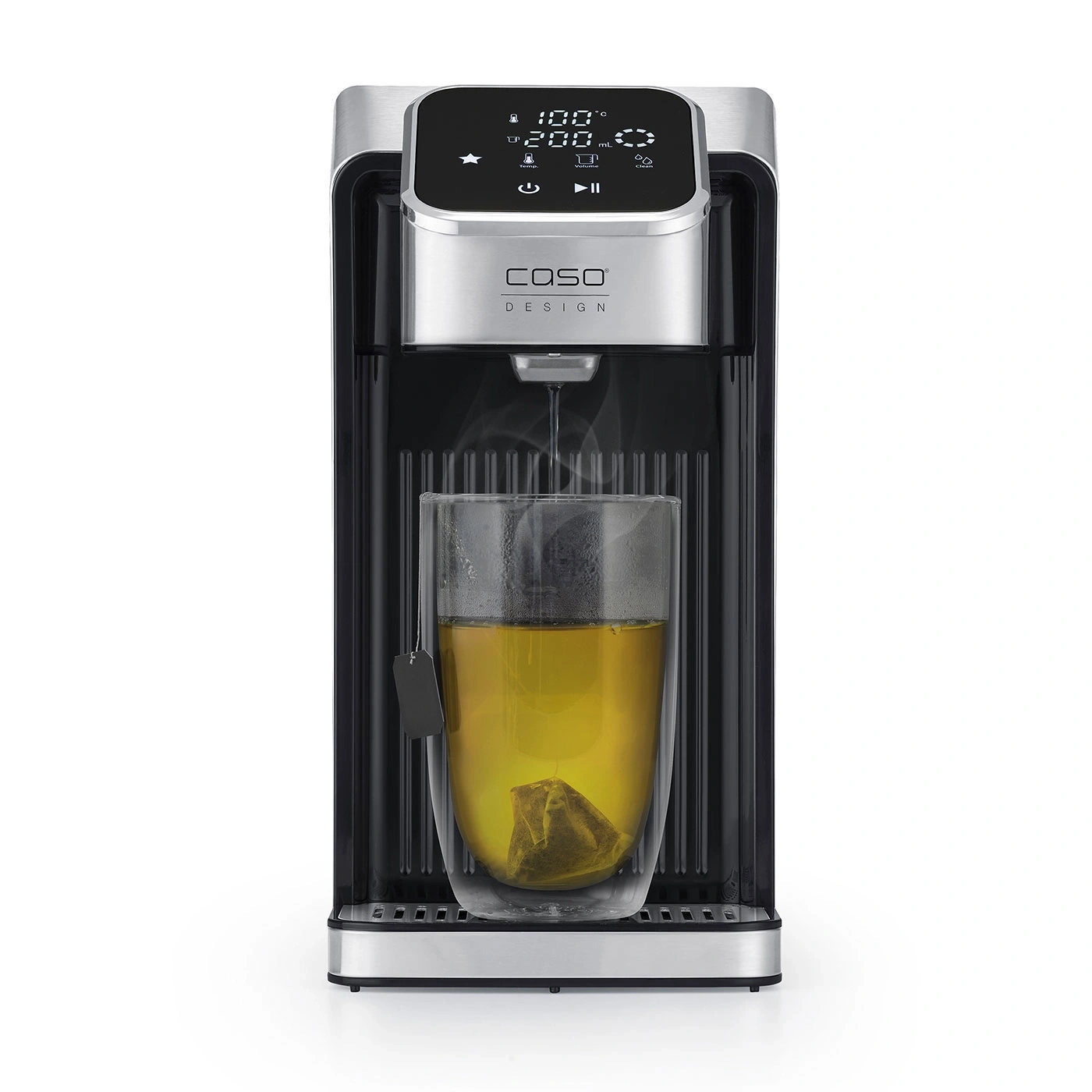 Tea machine with glass, teabag, water, temperature display, Caso Design