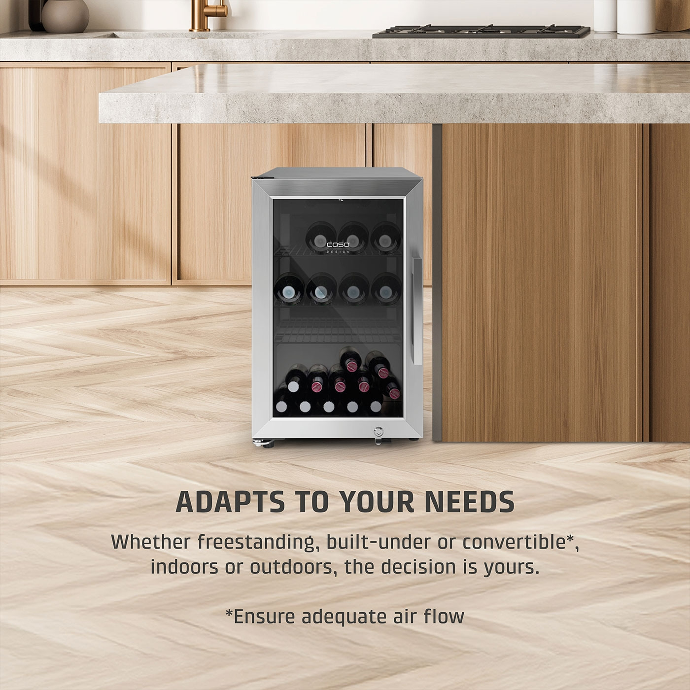 Wine cooler, flexible use, for indoor and outdoor, freestanding or built-in.