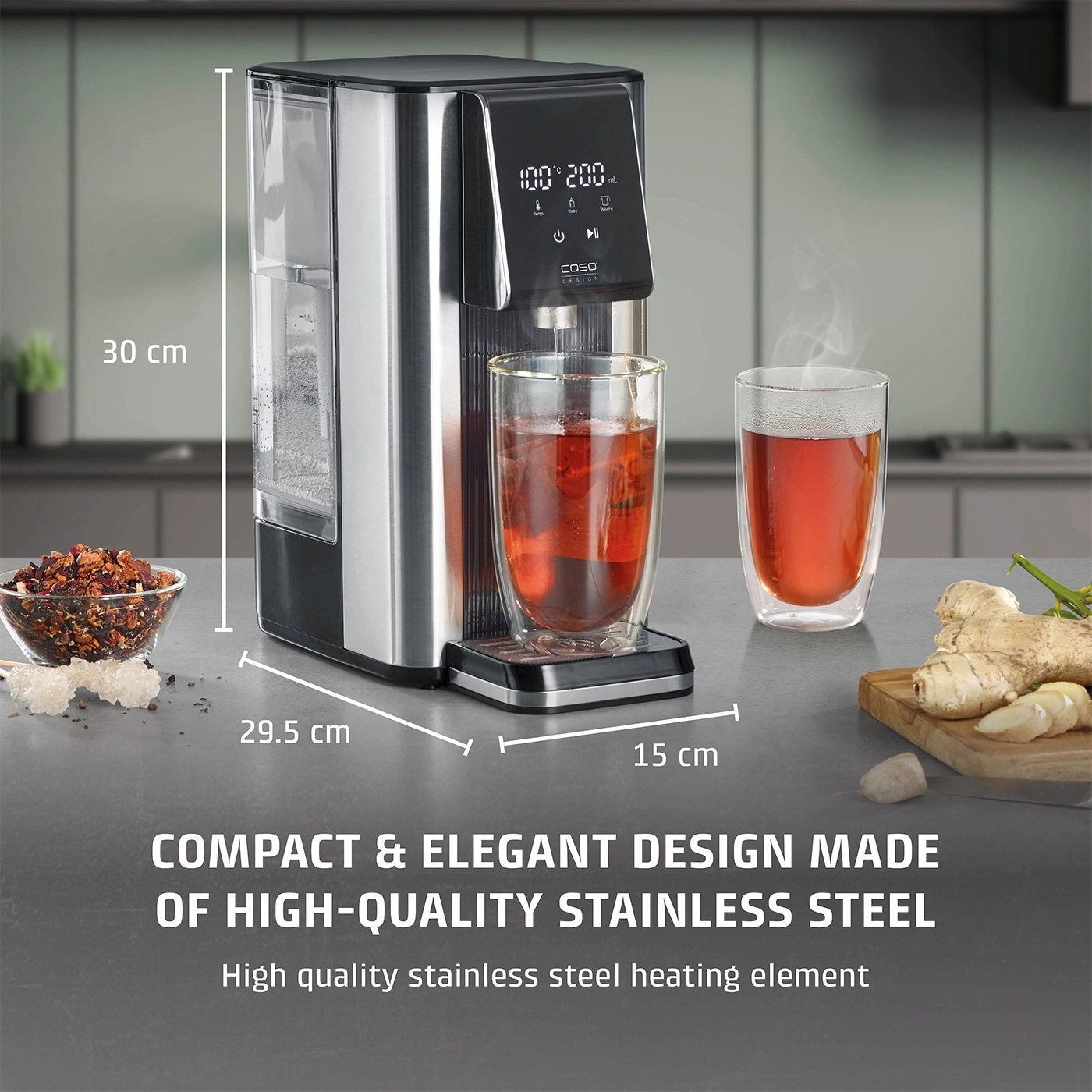 Stainless steel water boiler, 30 cm high, 29.5 cm wide, 15 cm deep, with tea