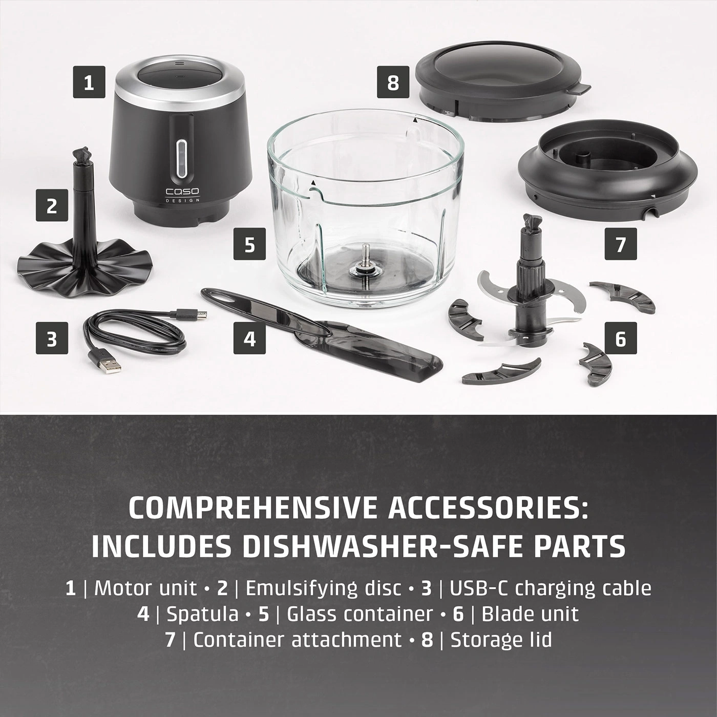 A kitchen appliance with various attachments and a USB-C cable, numbered 1 through 8.