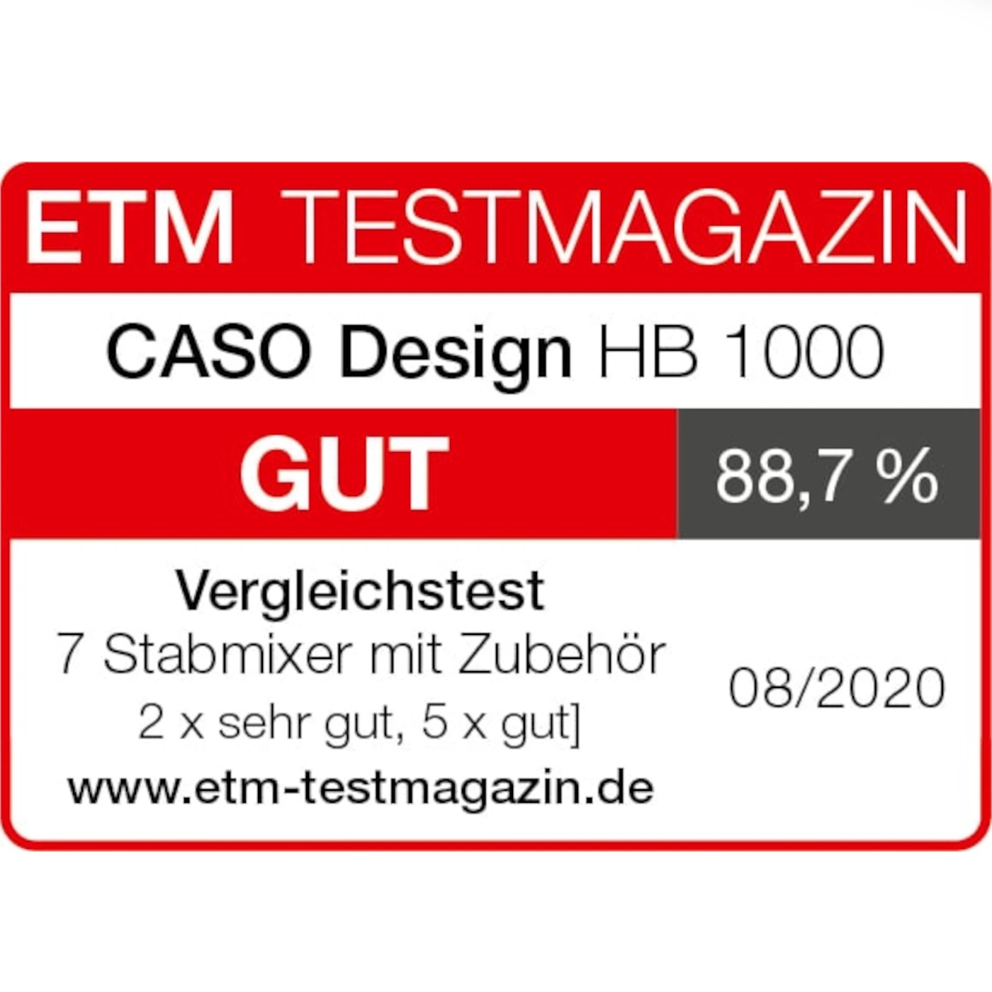 ETM Testmagazin: CASO Design HB 1000, GUT, 88,7%, Vergleichstest, 08/2020.