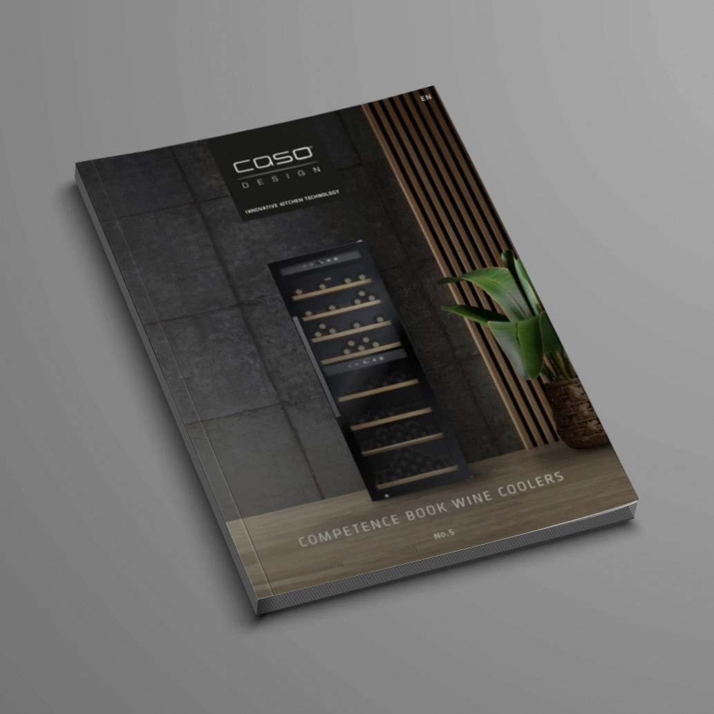 Wine cooler brochure with Caso Design logo and plants in the background