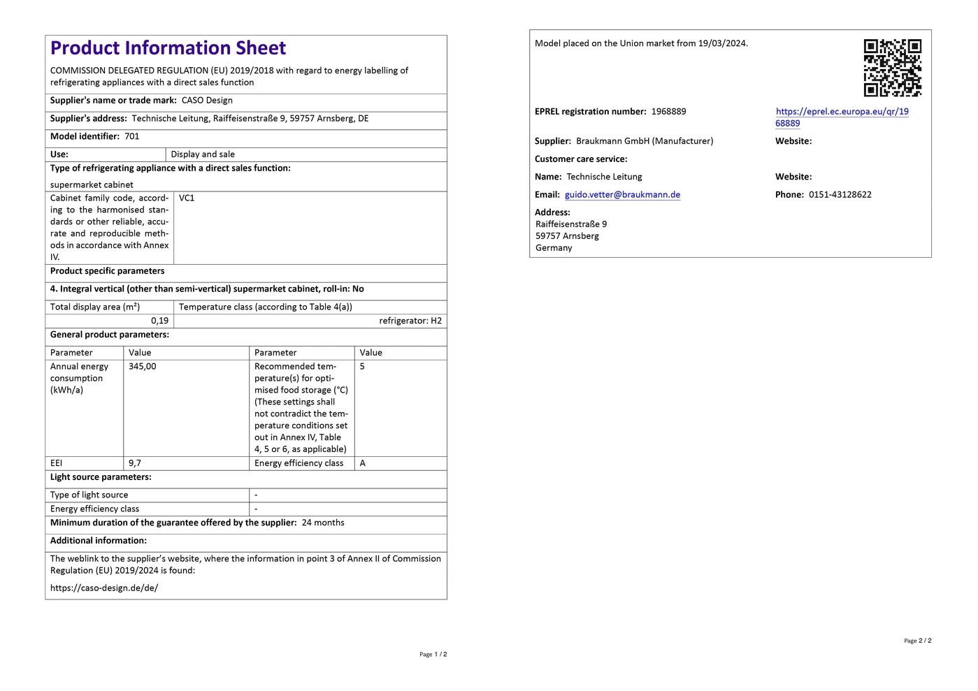 Product data sheet with information on energy efficiency and technical specifications.