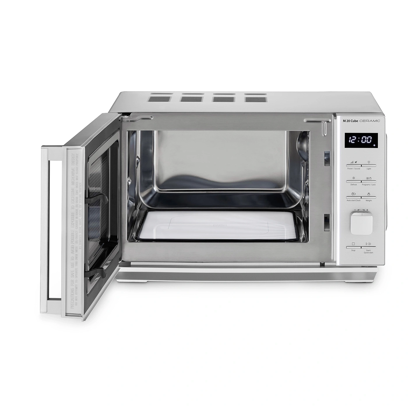 Microwave oven with open door, digital display, and control panel. Stainless steel design.