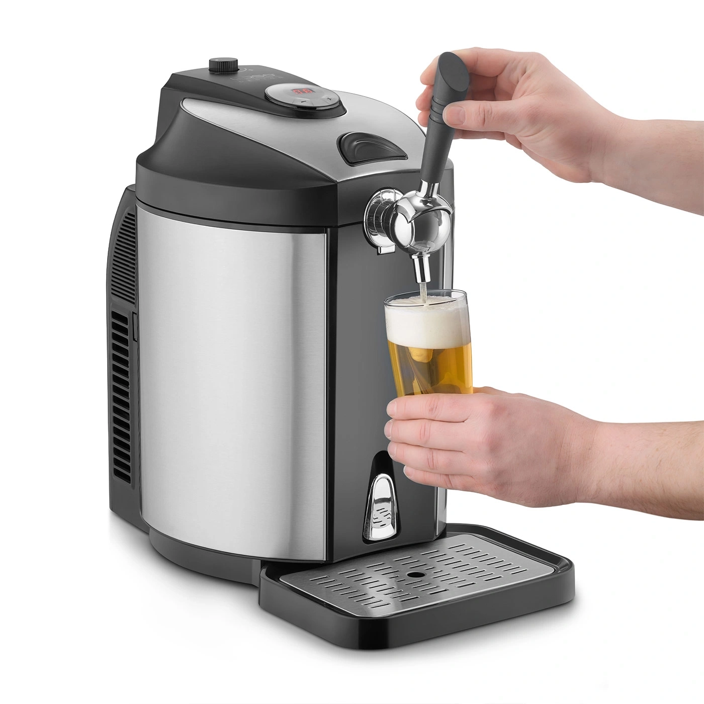 Beer tap machine with glass, hands pouring, stainless steel design, beer