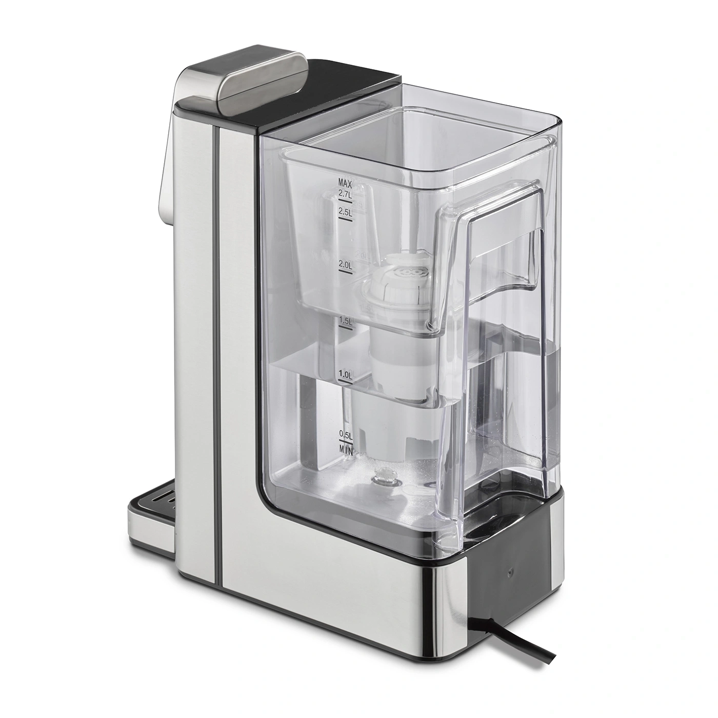 Water kettle with transparent water tank, silver body, and black base, with water level indicators