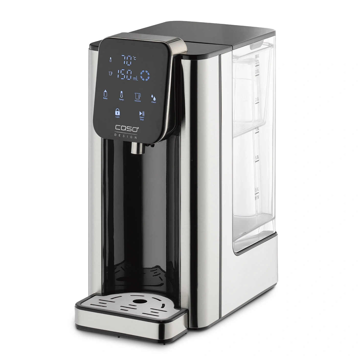 Stainless steel water boiler with digital display and water tank for hot beverages.