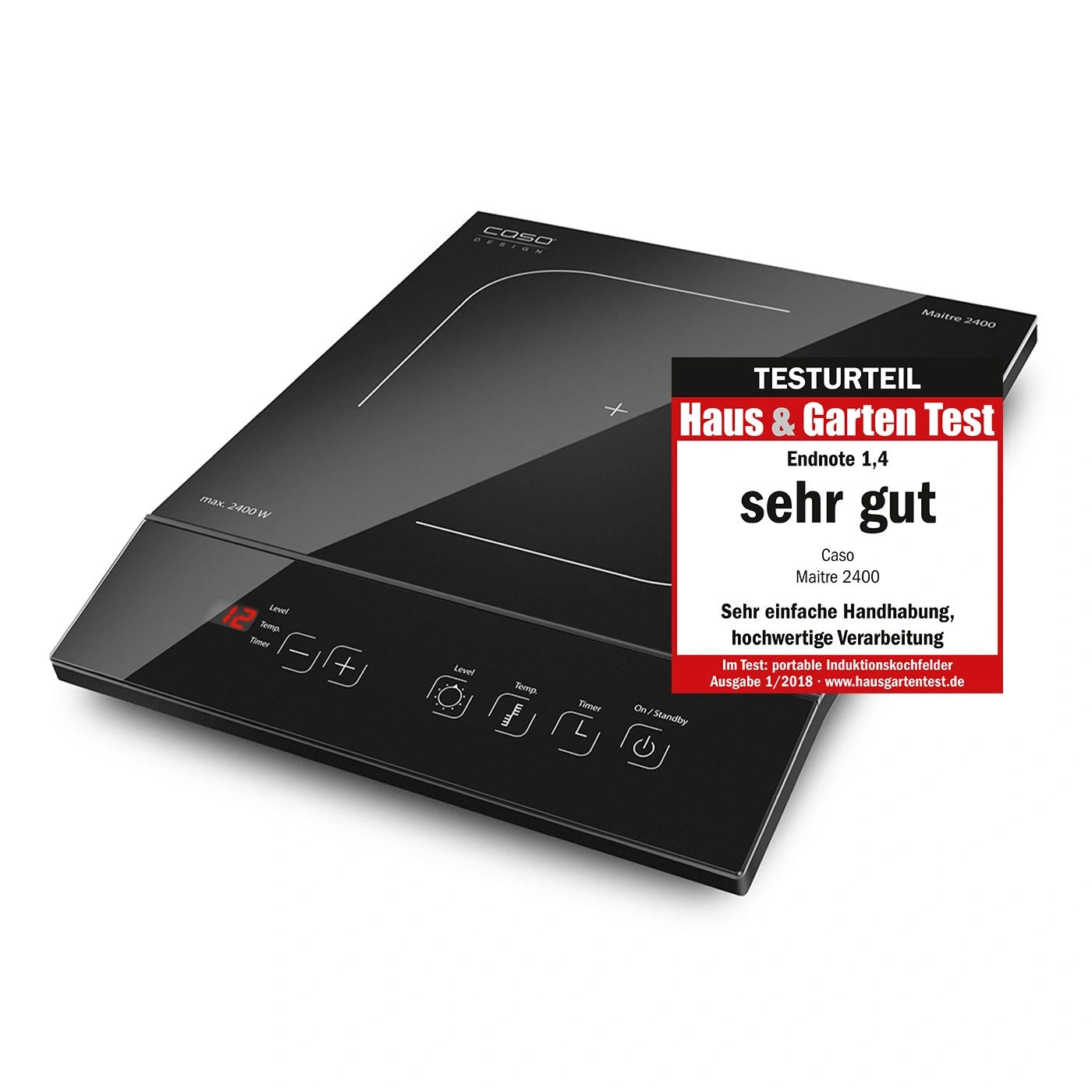 Induktionskochfeld Caso Maitre 2400, Testurteil sehr gut, max. 2400 W, schwarz