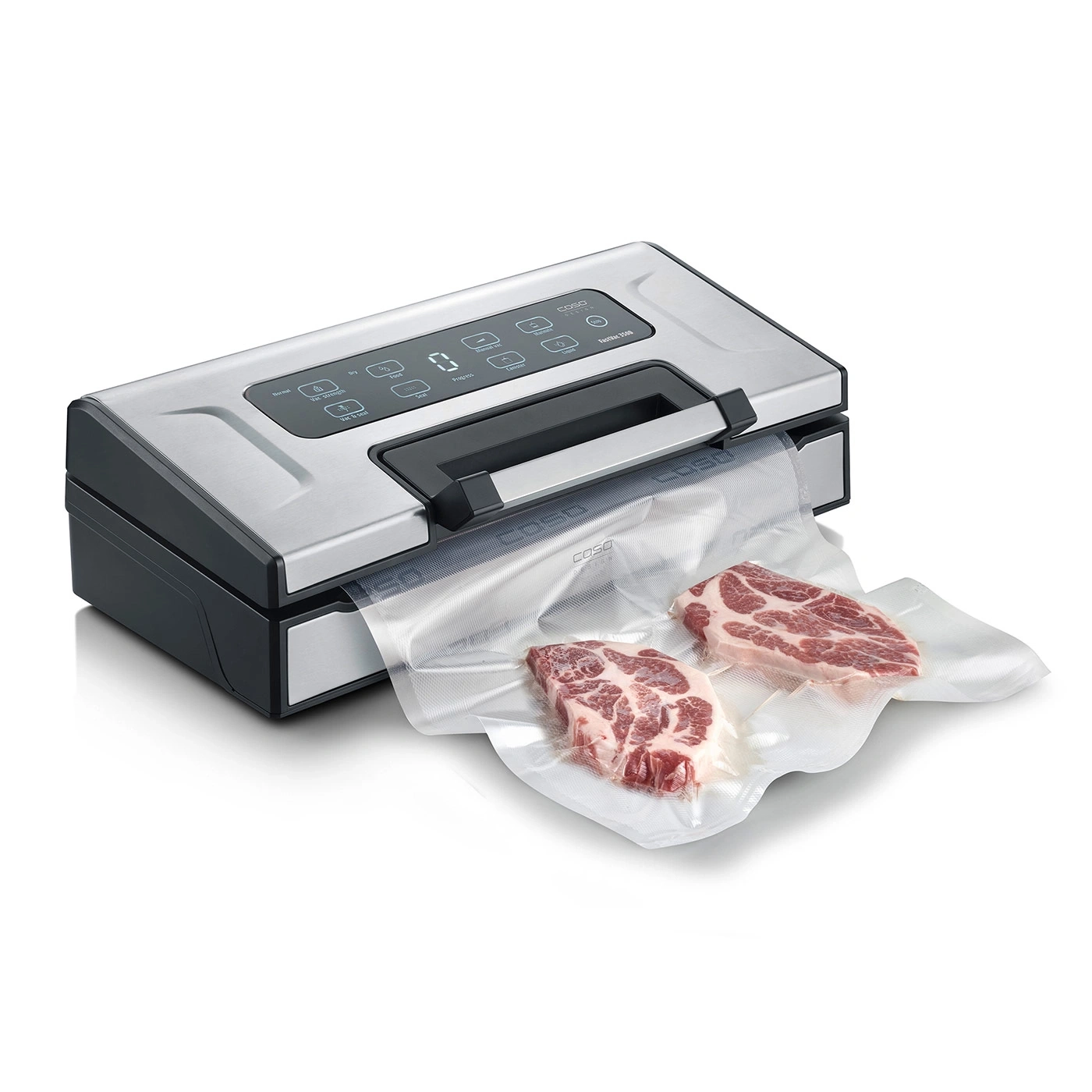 A vacuum sealer machine is sealing two pieces of meat in plastic bags.
