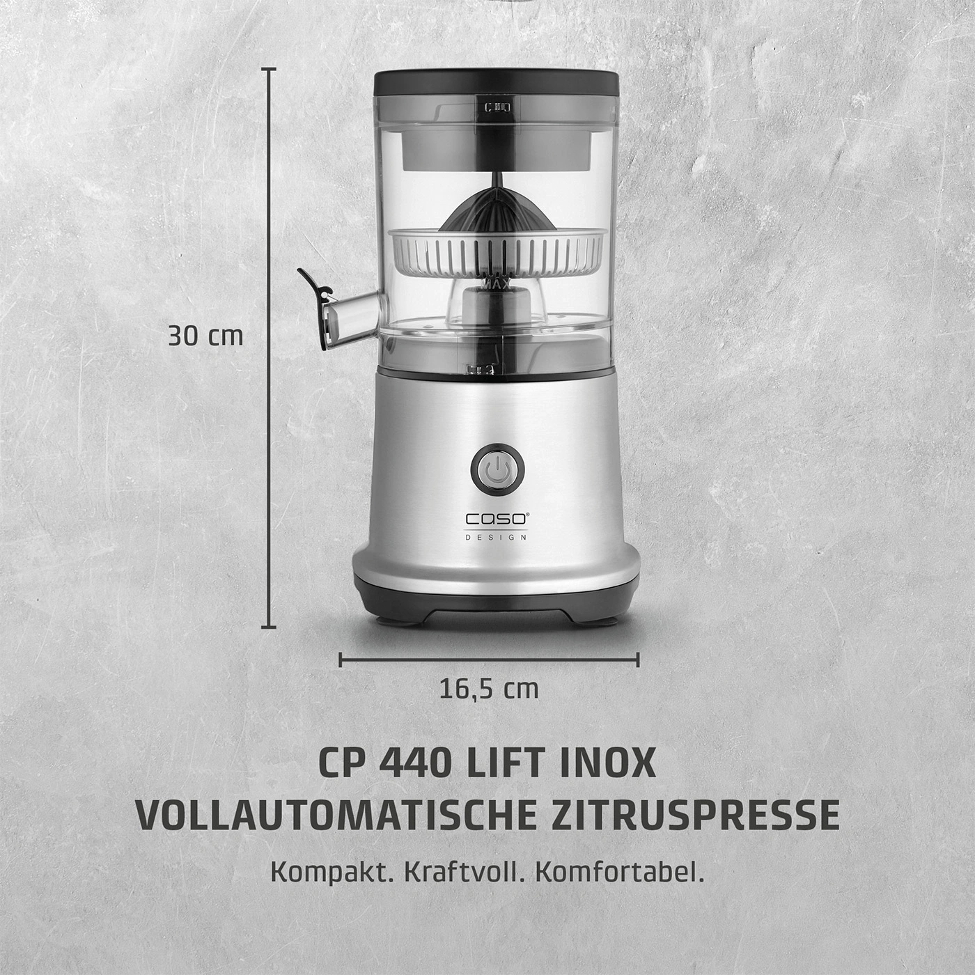 Eine vollautomatische Zitruspresse von Caso mit den Maßen 30cm Höhe und 16,5cm Breite.