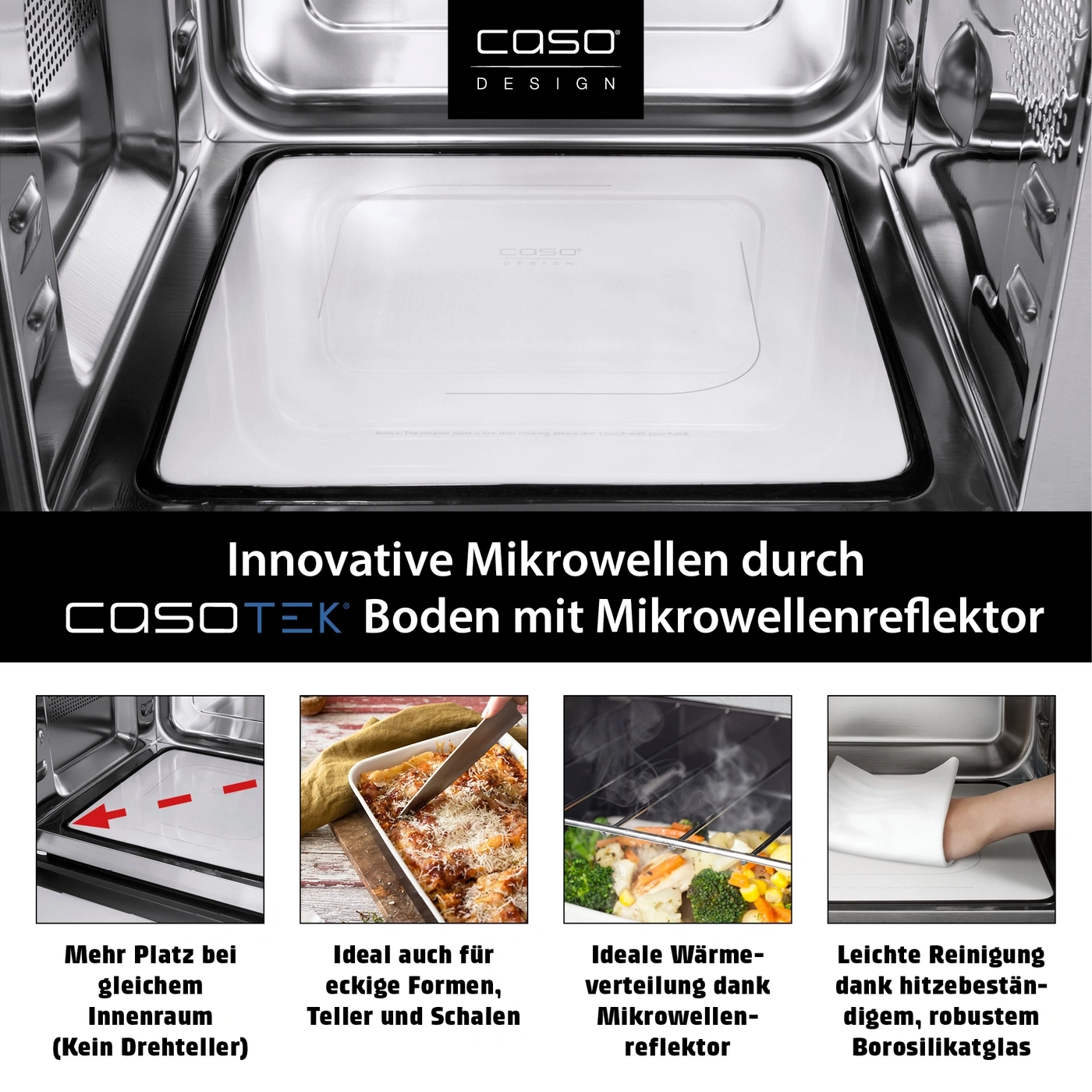 Microwave with microwave reflector, more space, easy cleaning, borosilicate glass, CASO Design