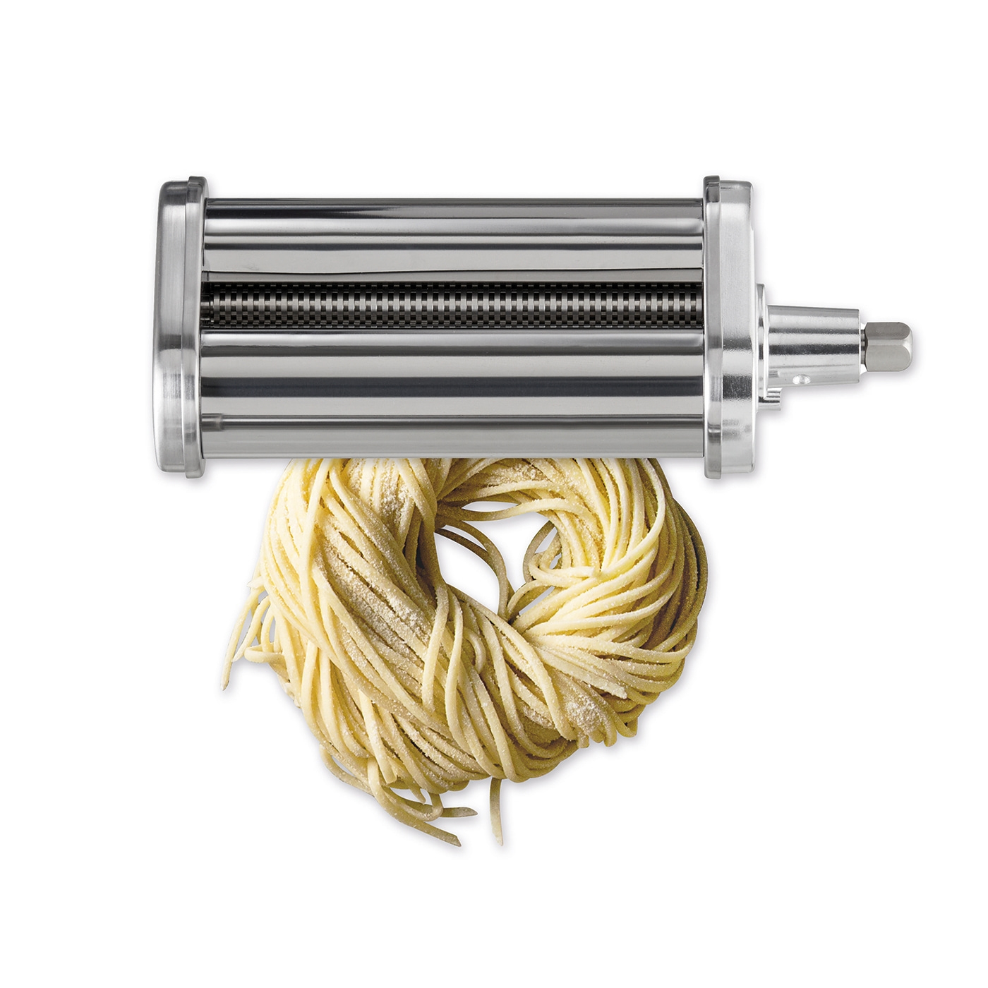 Pasta machine with freshly made noodles, close-up, isolated on white background