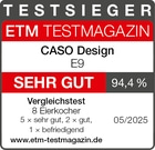 Testmagazin-Auszeichnung für Caso Design E9 mit Bewertung Sehr Gut und 94,4%.