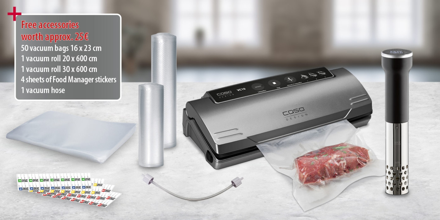 Vacuum sealer with accessories, meat and stickers. Free accessories worth approx. 25€.