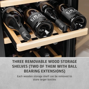 Wine cooler with wooden shelves and wine bottles, text about the function.