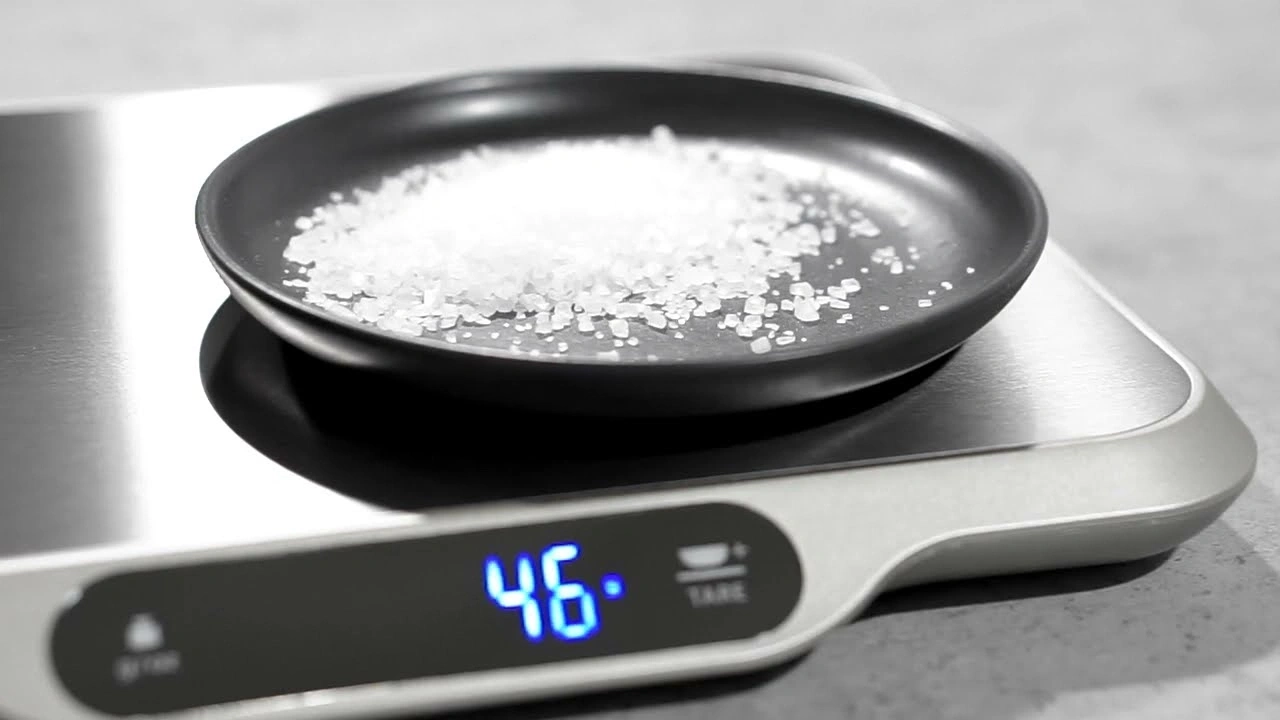 A digital kitchen scale displays 46 grams of salt.