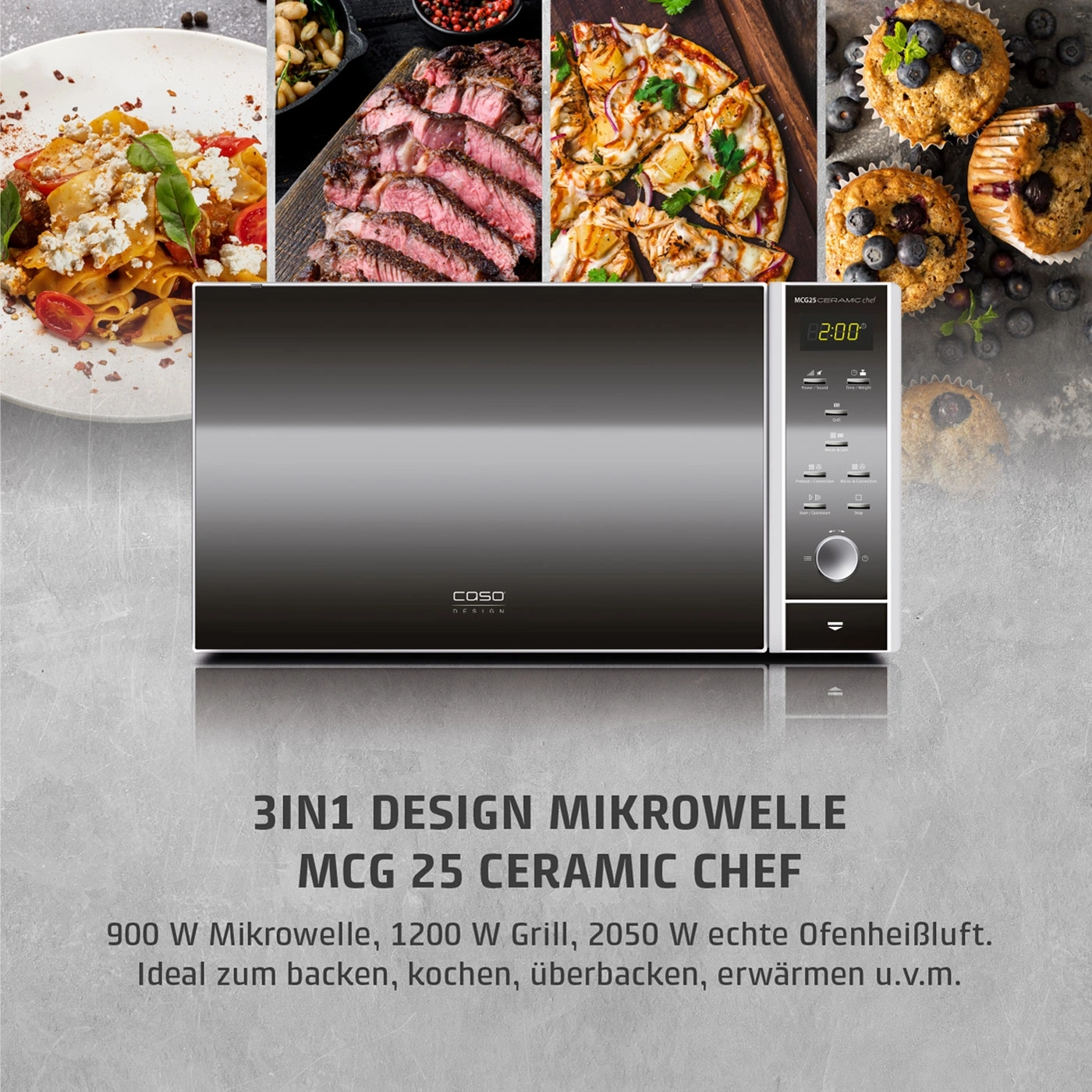 Mikrowelle mit Essen, 3in1 Design, MCG 25 Ceramic Chef, 900W, 1200W Grill, 2050W Heißluft