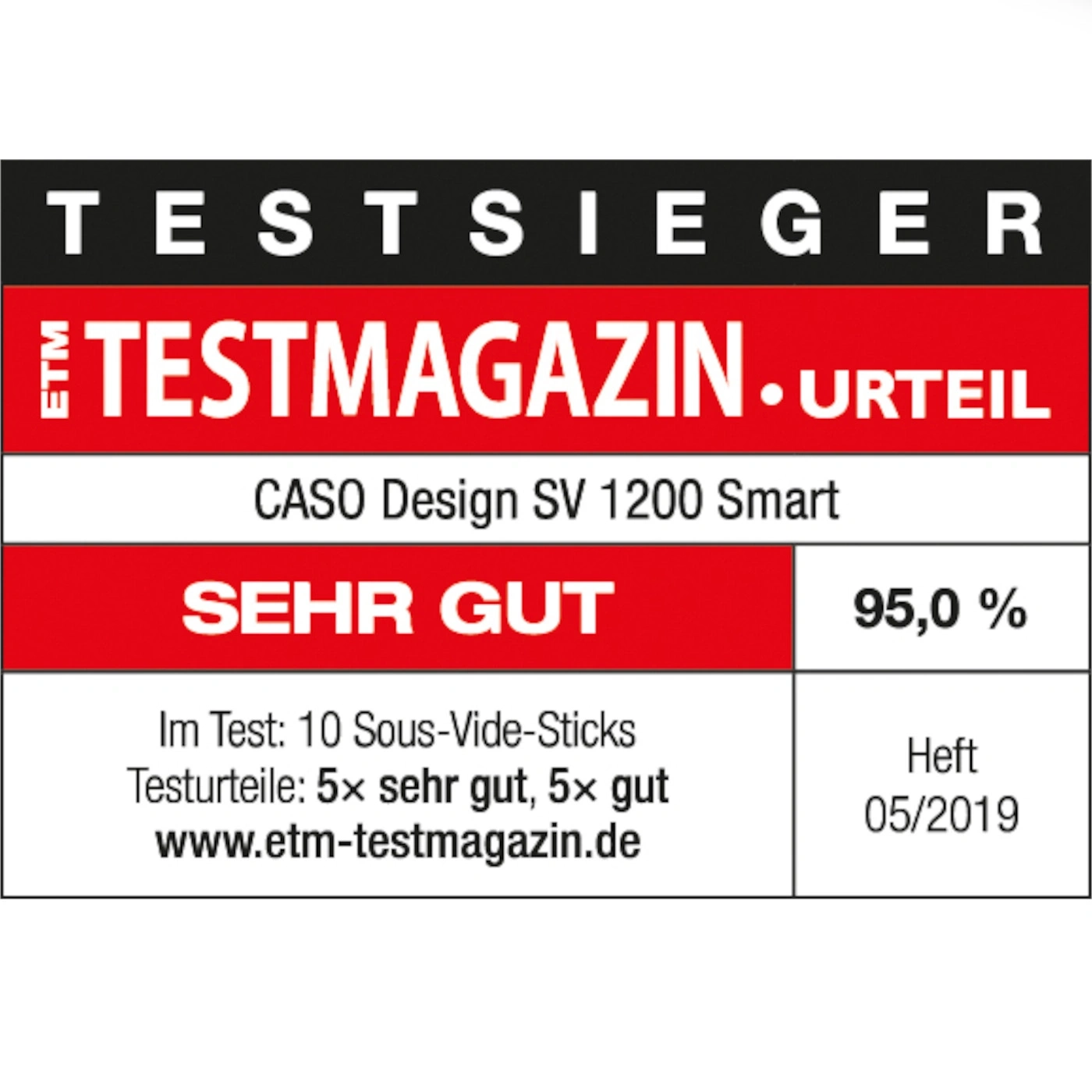 Testmagazin-Urteil für Caso Design SV 1200 Smart: Sehr gut, 95,0%, Heft 05/2019.