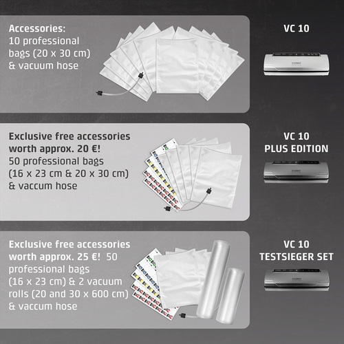 Vacuum sealer accessory sets: VC 10, Plus Edition, Testsieger Set with bags and hoses.