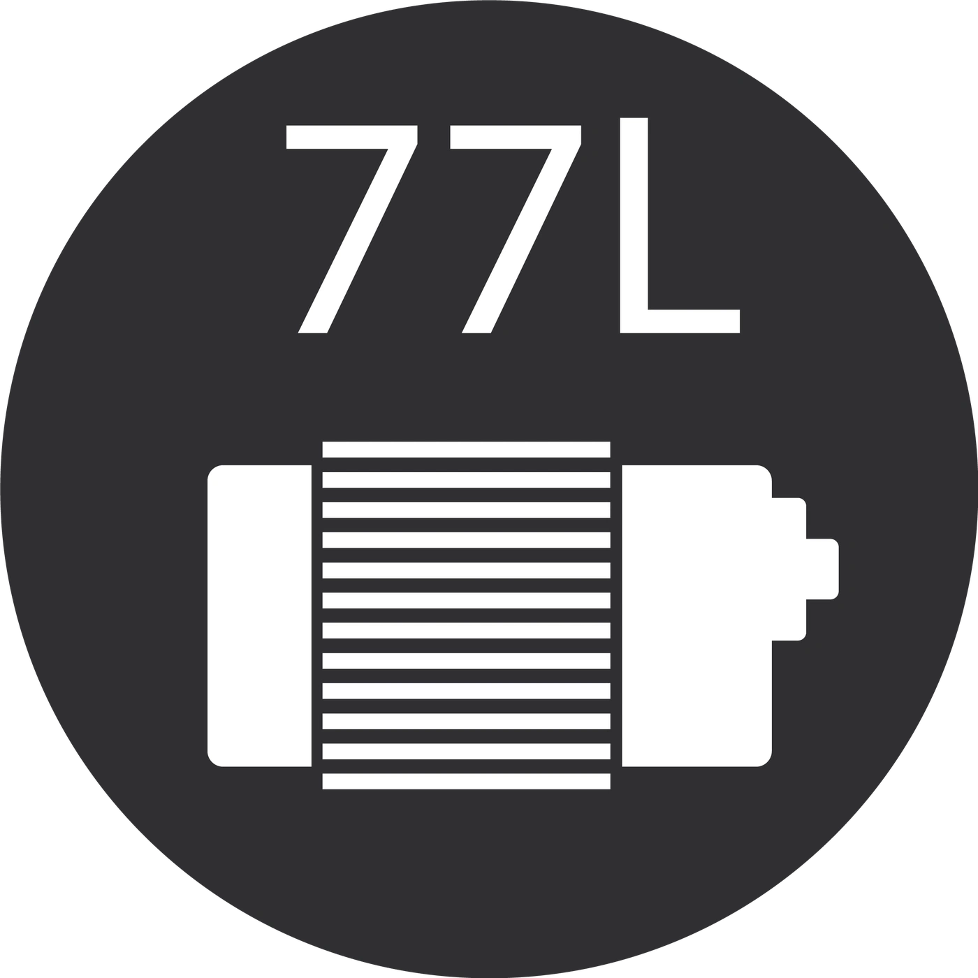 Batterie-Symbol mit der Aufschrift 77L in einem dunklen Kreis, Energieanzeige