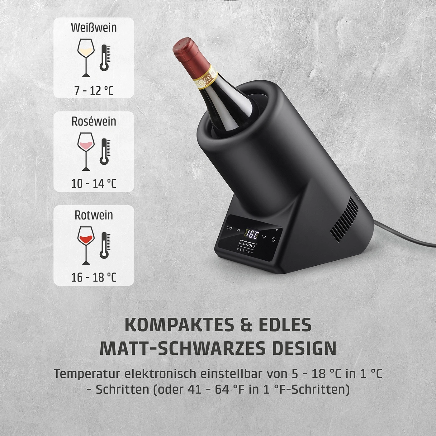 Weinkühler mit Temperaturanzeige für Weiß-, Rosé- und Rotwein.