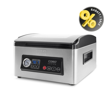 Vacuum sealer with discount symbol and control panel for vacuuming and sealing.