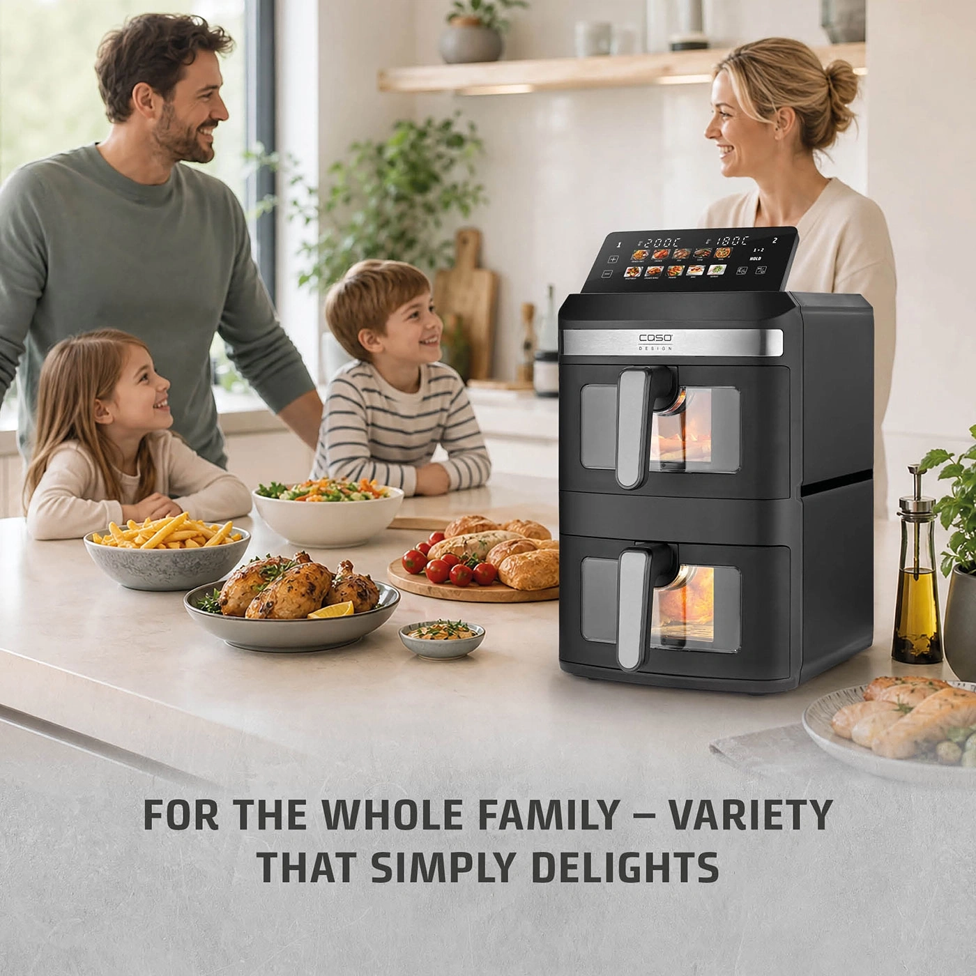 Family eating together, cooking appliance in the middle.