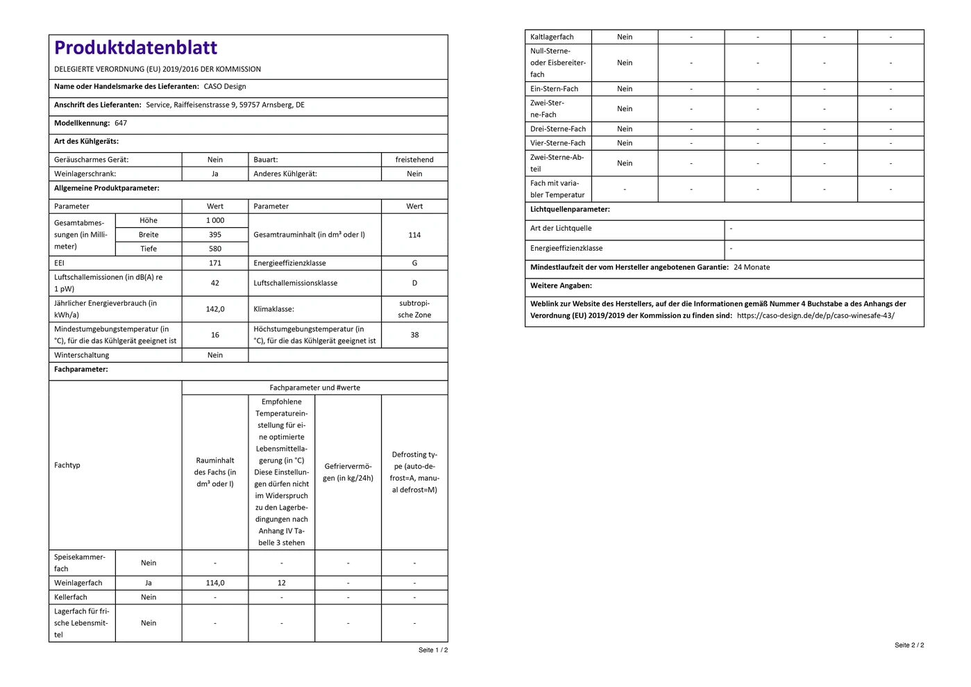 Produktinformationsblatt mit technischen Daten für Kühlgeräte, Energieeffizienz und weitere Details.