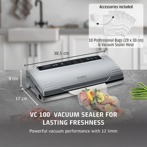 Vacuum sealer with accessories, dimensions, and text for fresh food preservation.