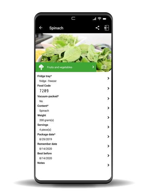 Spinach app view: details about content, weight, servings, and more.