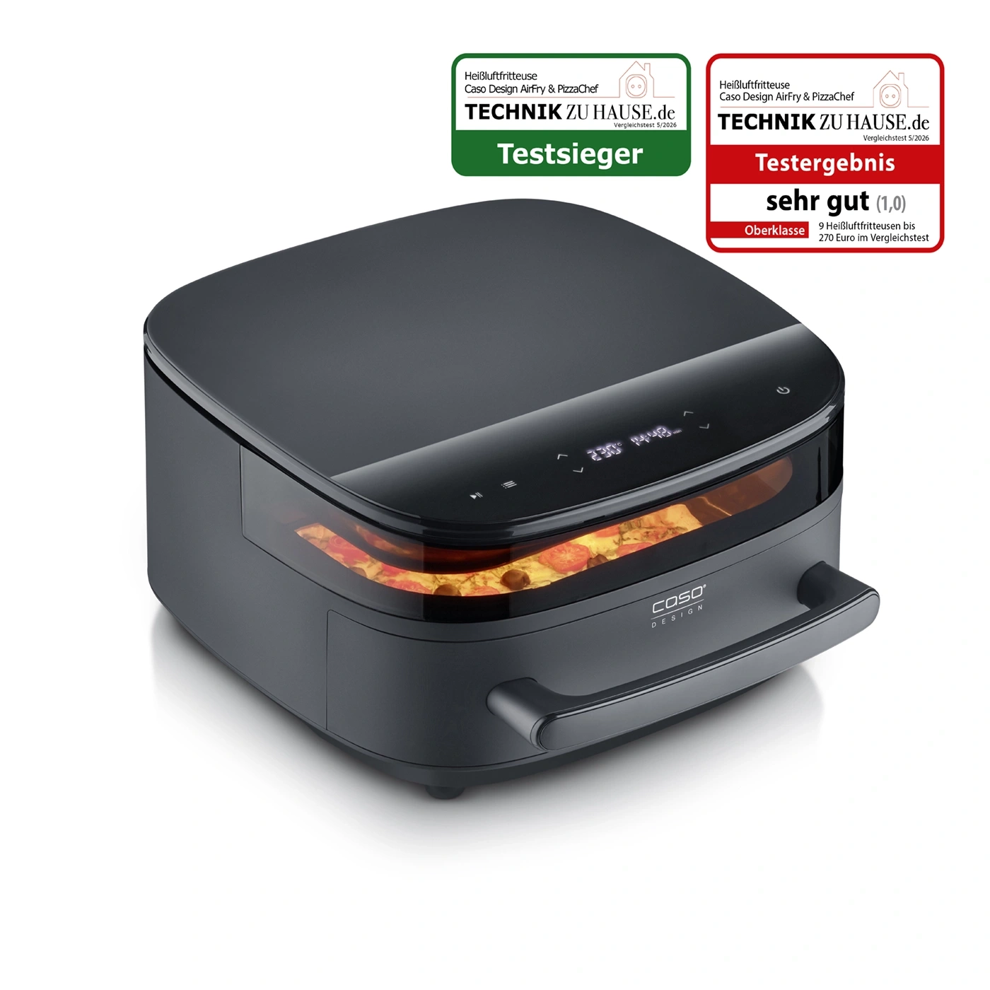 Ein Caso Design AirFry & PizzaChef Heißluftfritteuse mit Pizza im Inneren.
