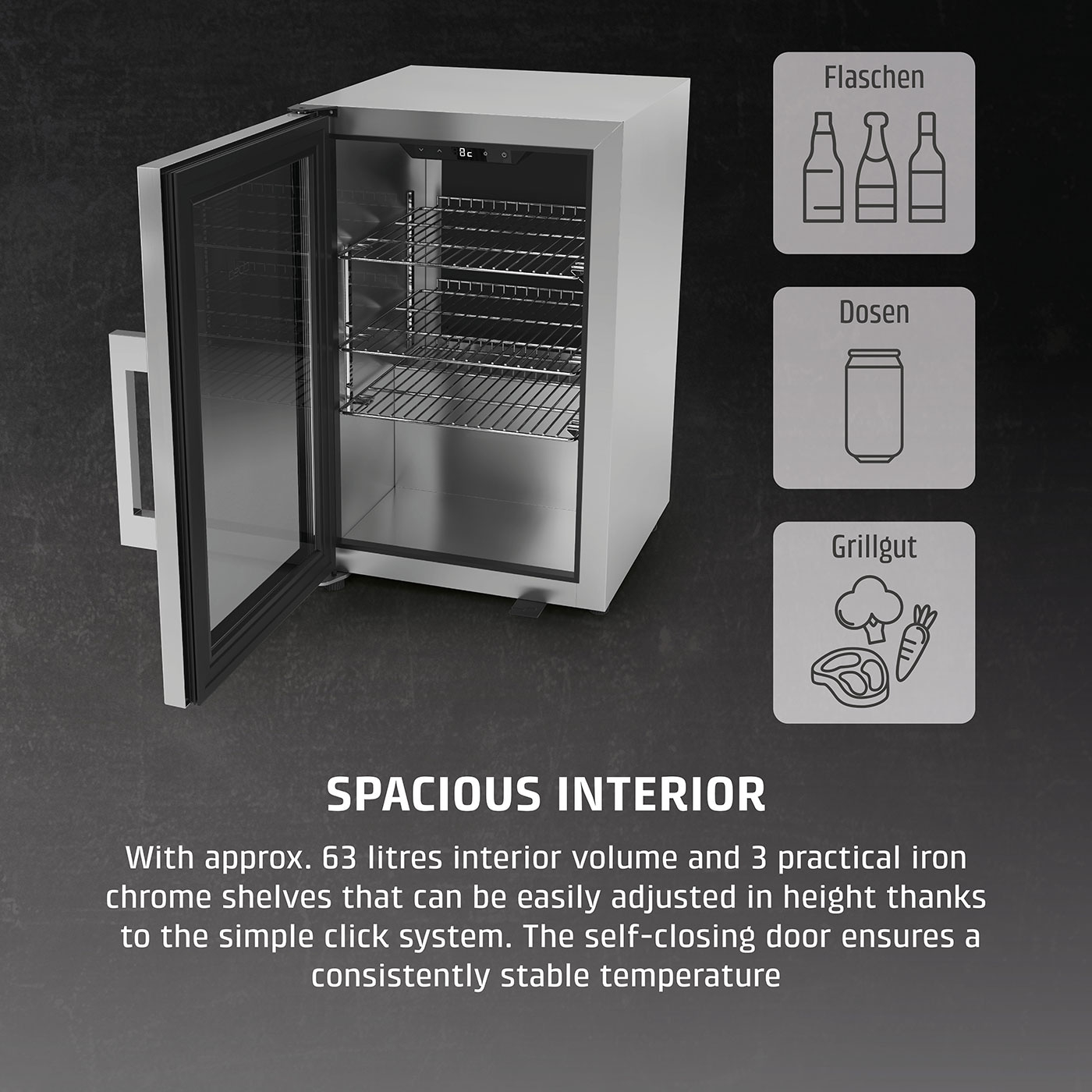 Refrigerator with open door, bottles, cans, grilled food, text: Spacious interior