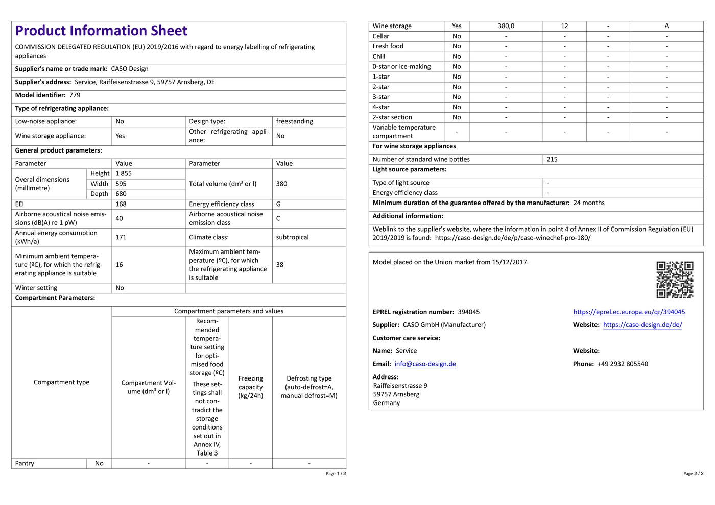 Product data sheet refrigerator CASO Design, wine storage, energy efficiency class G