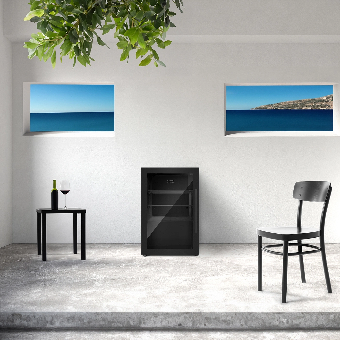 Wine cooler, chair, table, sea view windows, green leaves, minimalist design