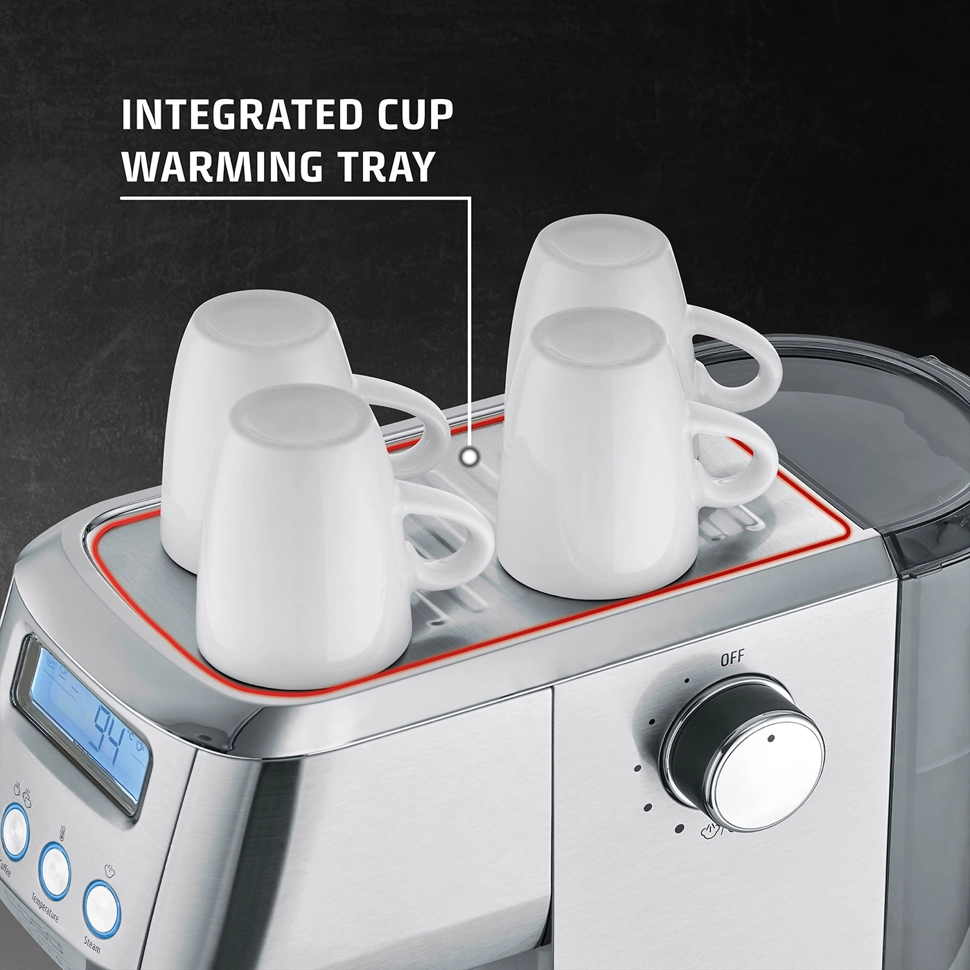Coffee machine with cup warmer and cups. Stainless steel design. Temperature display.