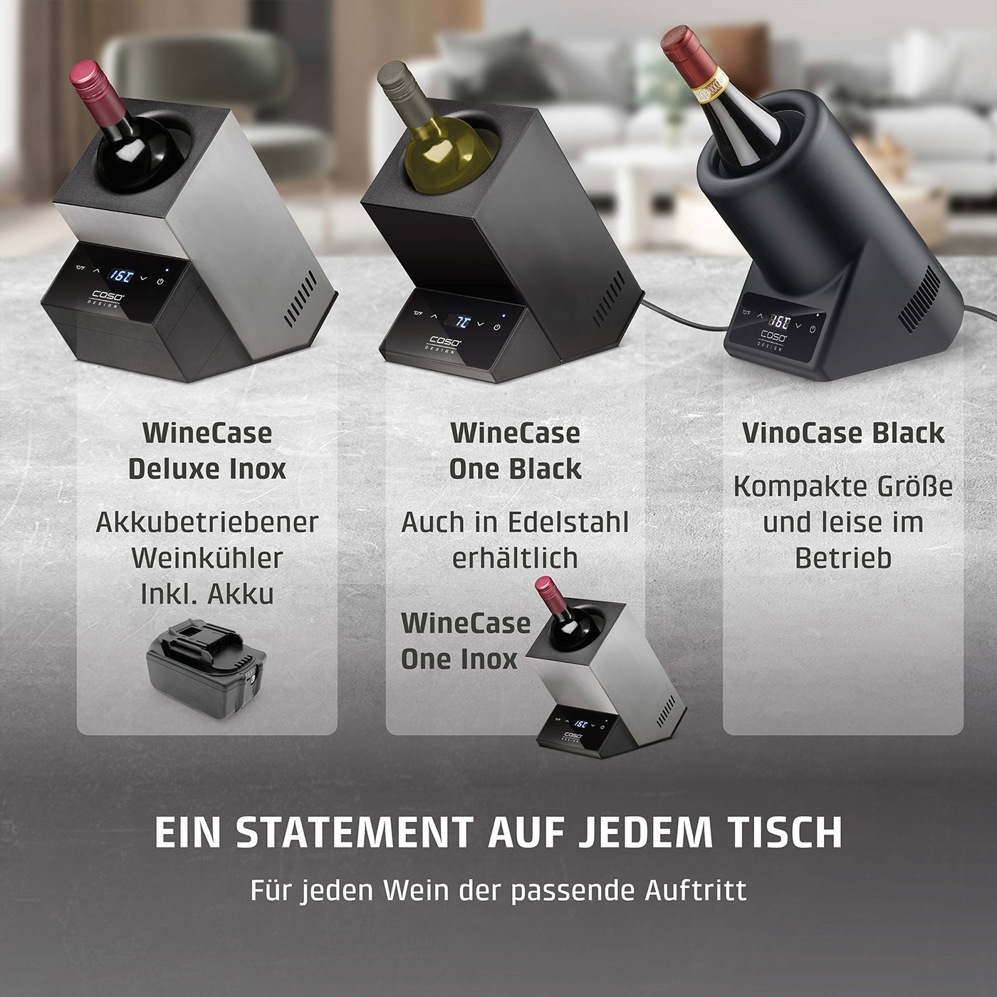Weinkühler-Angebote: Deluxe Inox, One Black, VinoCase Black. Für jeden Wein.
