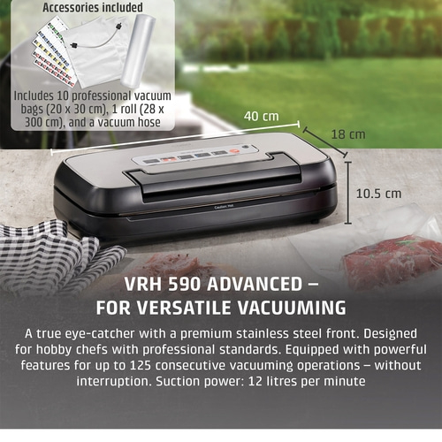 Vacuum sealer with accessories, dimensions, text, stainless steel front, hobby chefs, vacuuming, 12 l/min