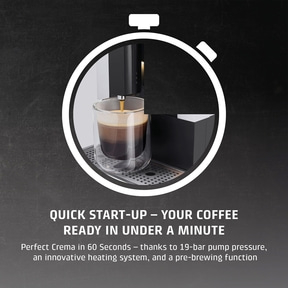 Coffee machine with text: Fast coffee in one minute.