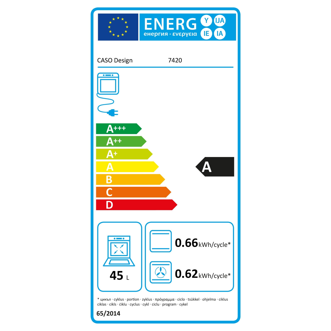 Energy label for an appliance: CASO Design, energy class A, 45L, 0.66kWh/cycle, 0.62kWh/cycle